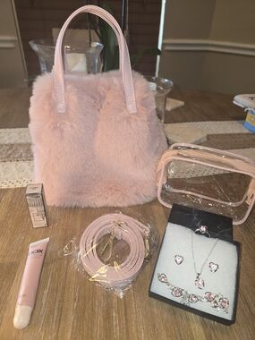 Pink Faux Fur Handbag with Clear Makeup Pouch & Pink Jewelry Set & More